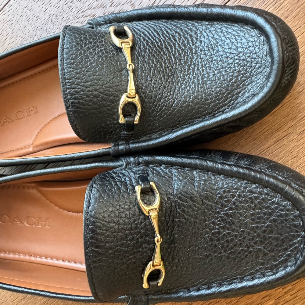 Coach Black Leather Loafers with Gold Accent - Picture 2 of 7